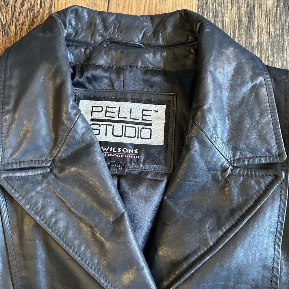 Wilsons Pelle Studio Women’s Size L Long Black Leather Coat 90s Matrix Mob Wife - Picture 4 of 11